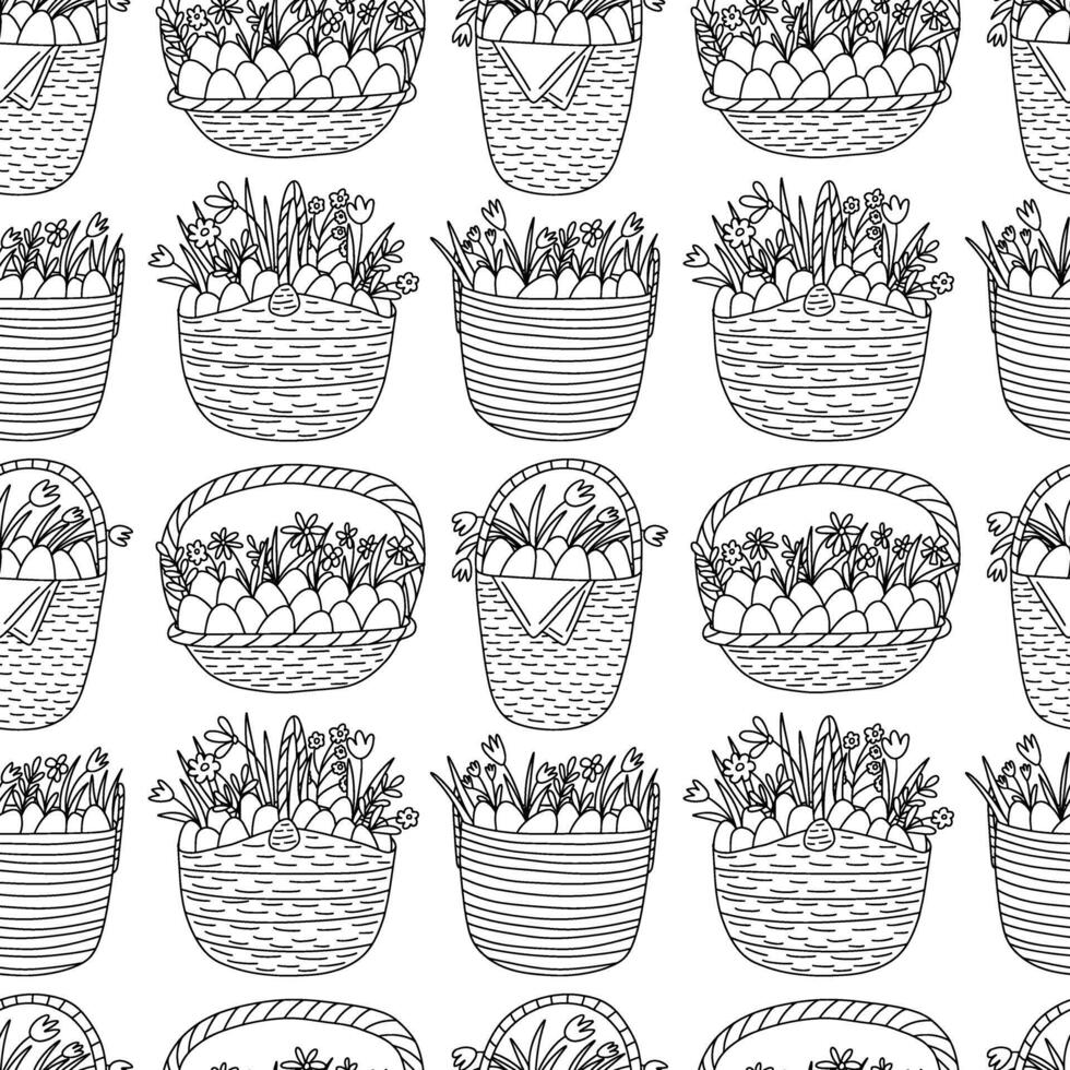 Páscoa cestas com ovos e flores vetor esboço estilo desatado padronizar