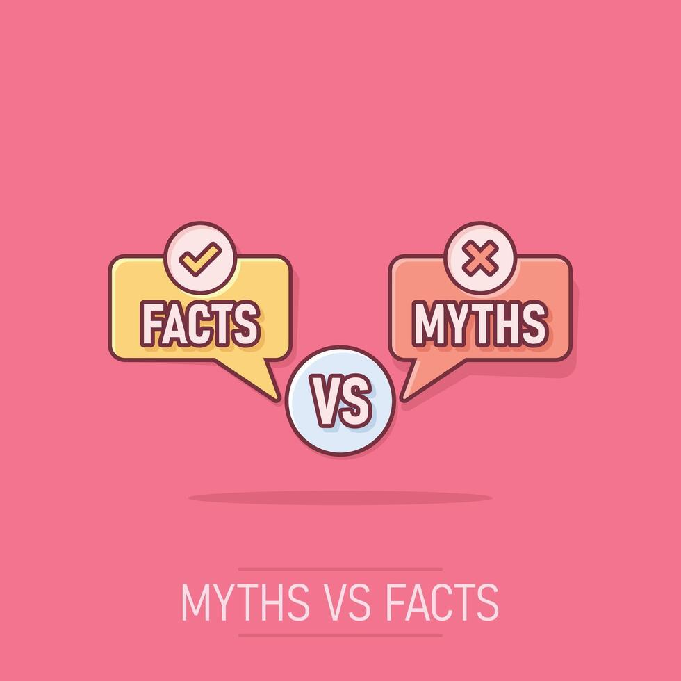 mitos vs fatos ícone dentro quadrinho estilo. verdade ou falso desenho animado vetor ilustração em isolado fundo. comparação placa o negócio conceito respingo efeito.