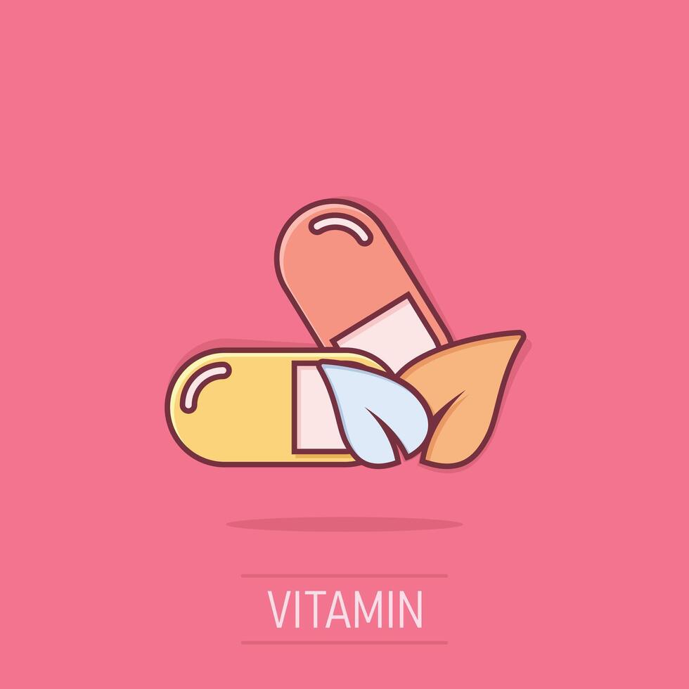 Vitamina comprimido Nota ícone dentro quadrinho estilo. cápsula desenho animado vetor ilustração em isolado fundo. antibiótico respingo efeito placa o negócio conceito.