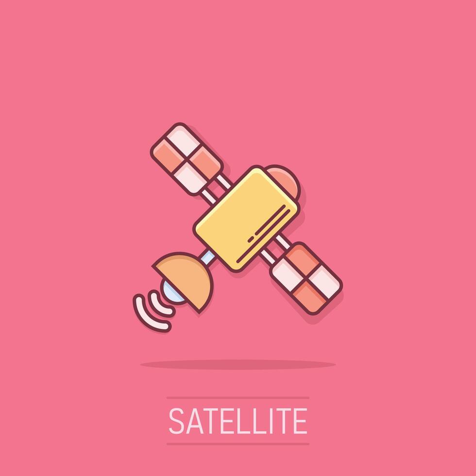 satélite ícone dentro quadrinho estilo. sputnik desenho animado vetor ilustração em isolado fundo. espaço transporte respingo efeito placa o negócio conceito.