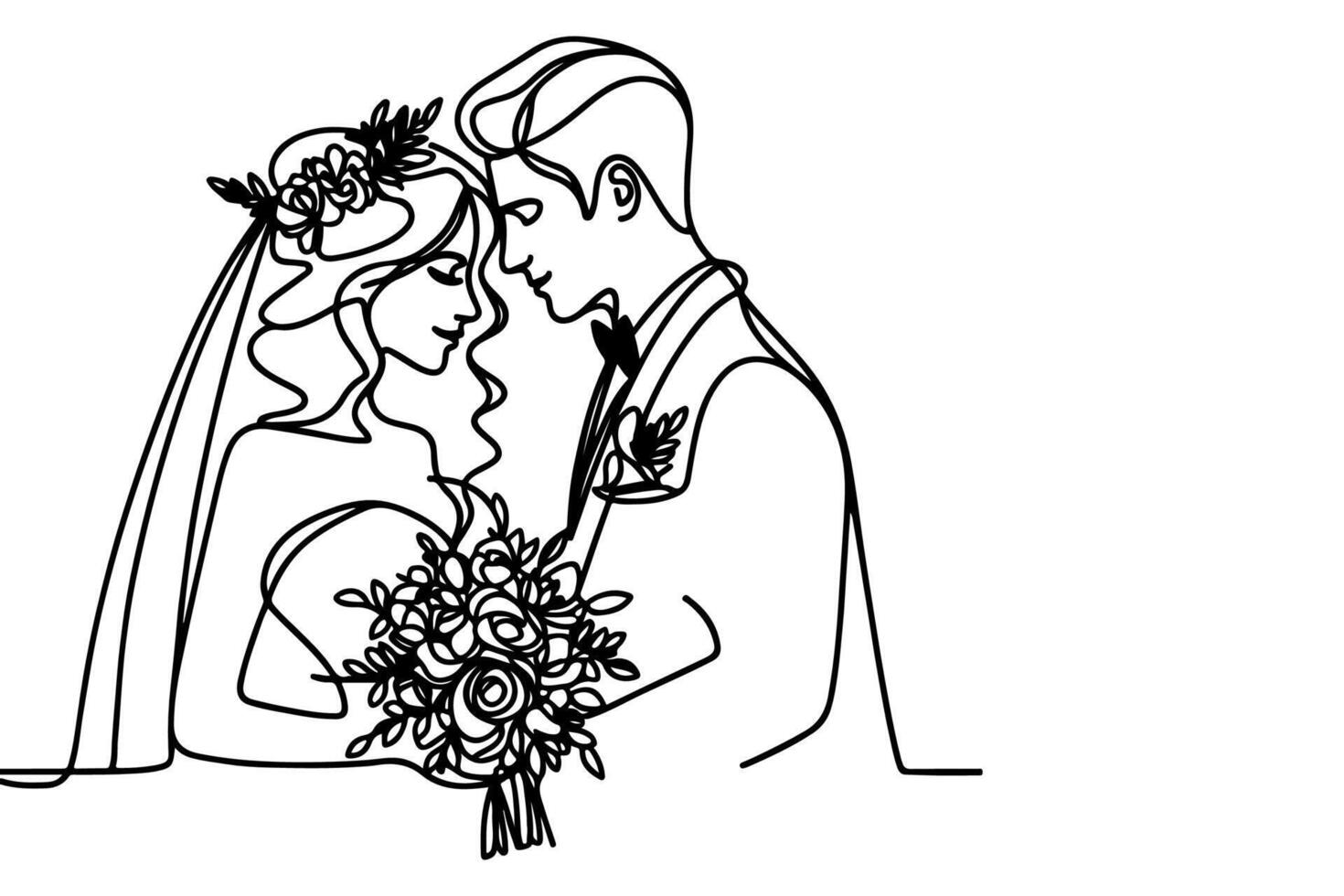 ai gerado 1 contínuo solteiro desenhando Preto linha arte rabisco Casamento casal noiva e noivo outlne vetor ilustração em branco fundo