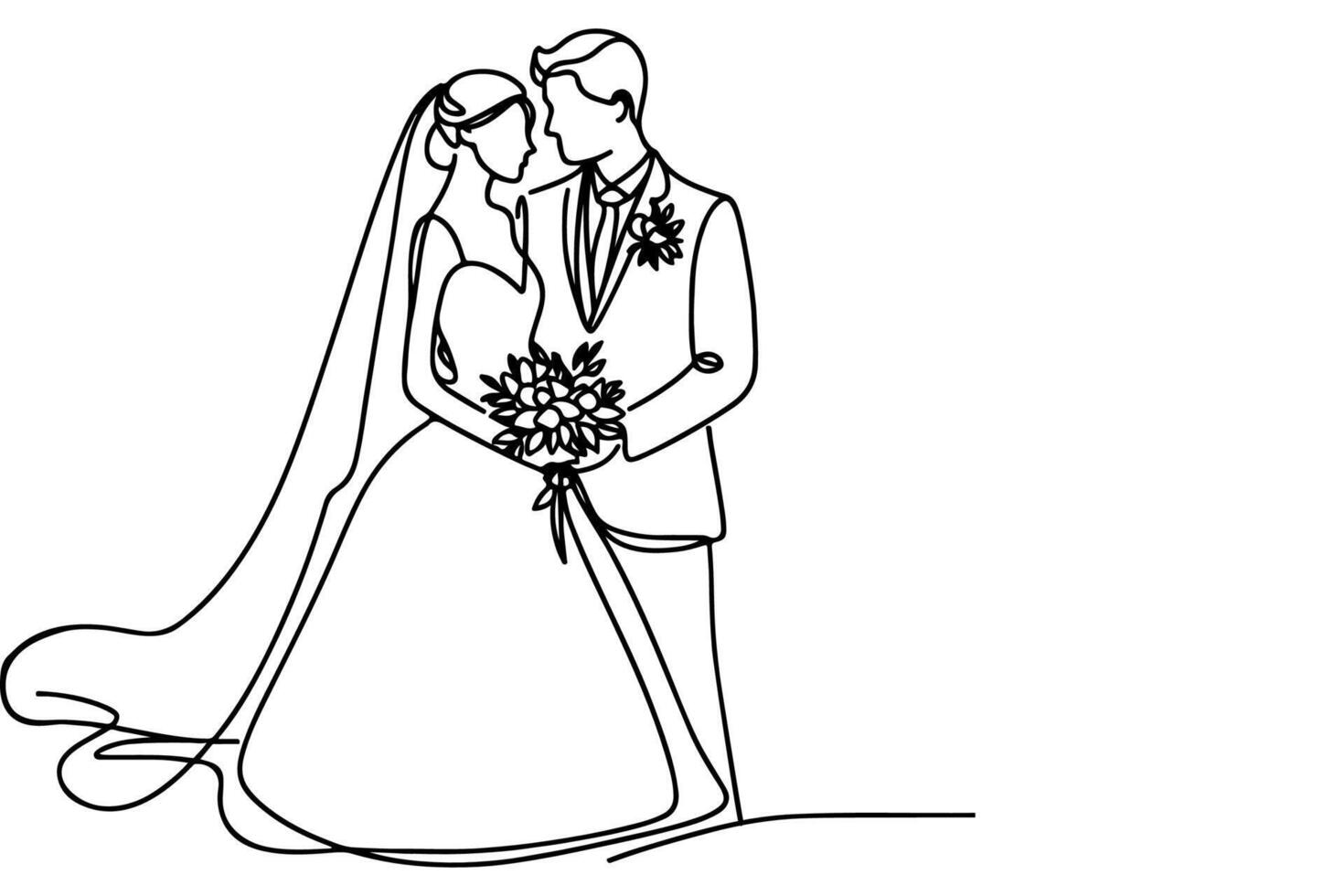 ai gerado 1 contínuo solteiro desenhando Preto linha arte rabisco Casamento casal noiva e noivo outlne vetor ilustração em branco fundo