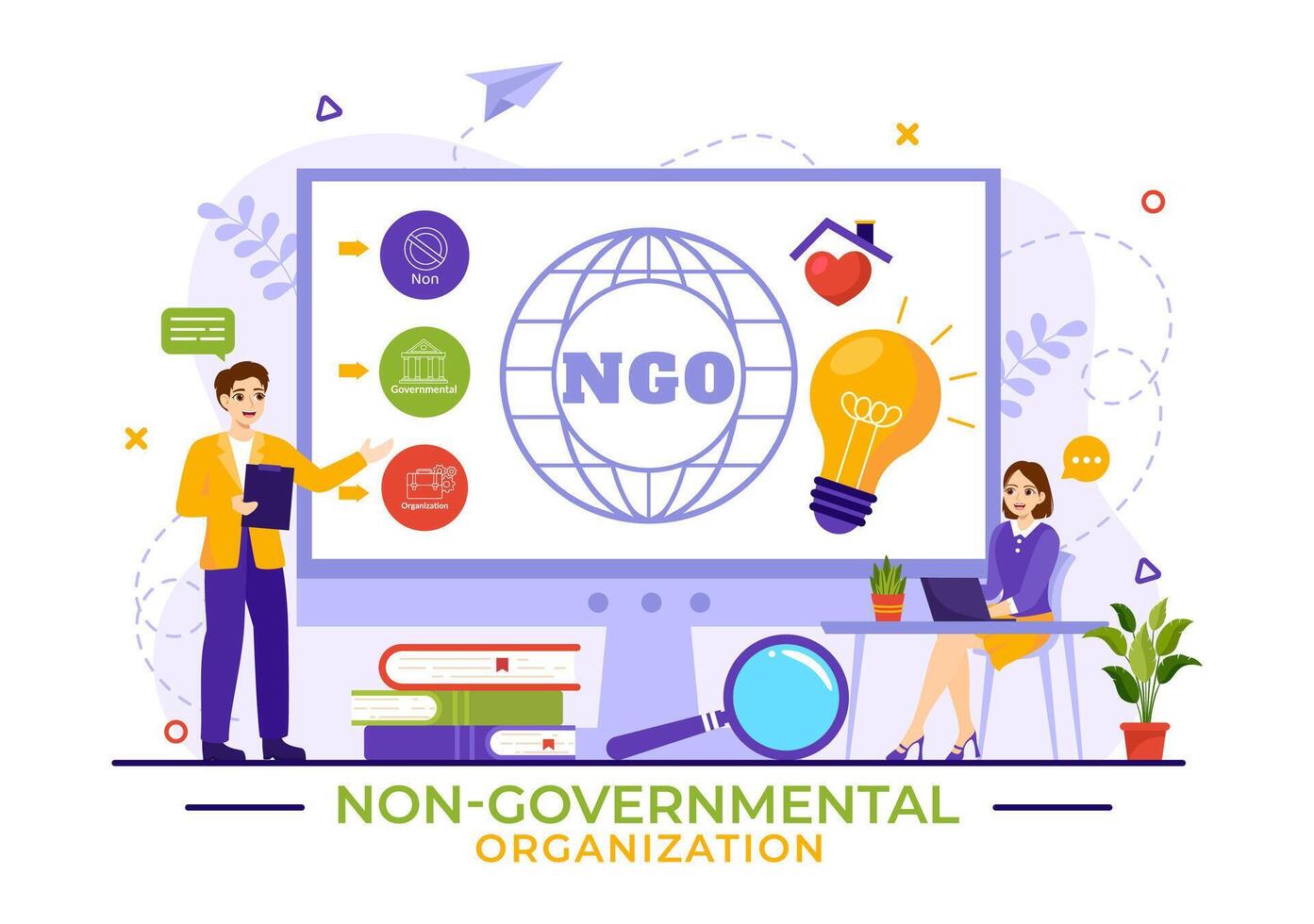 ngo ou não governamental organização vetor ilustração para servir específico social e político necessidades dentro plano desenho animado fundo