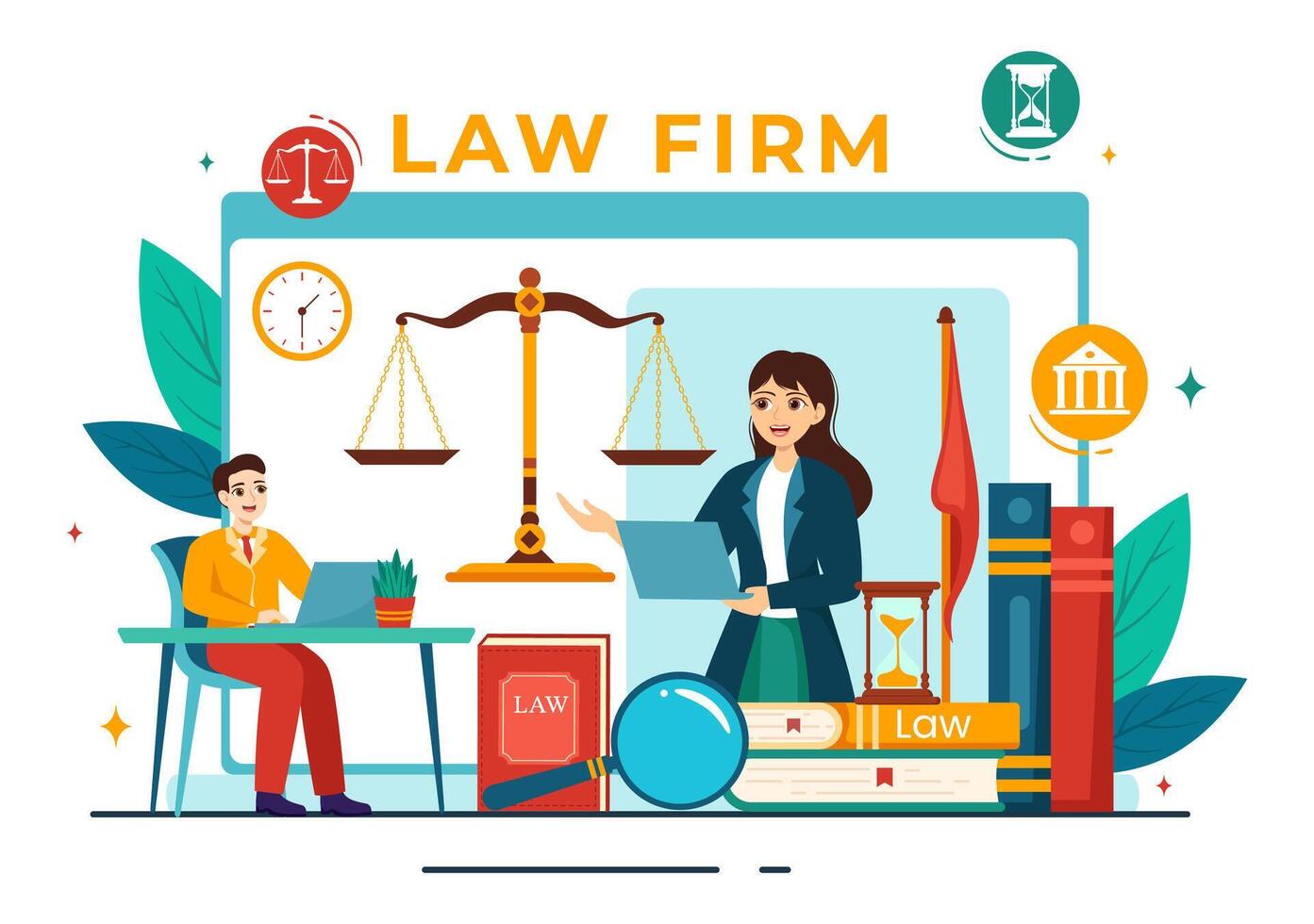 lei empresa Serviços vetor ilustração com justiça, legal conselho, julgamento e advogado consultor dentro plano desenho animado fundo Projeto