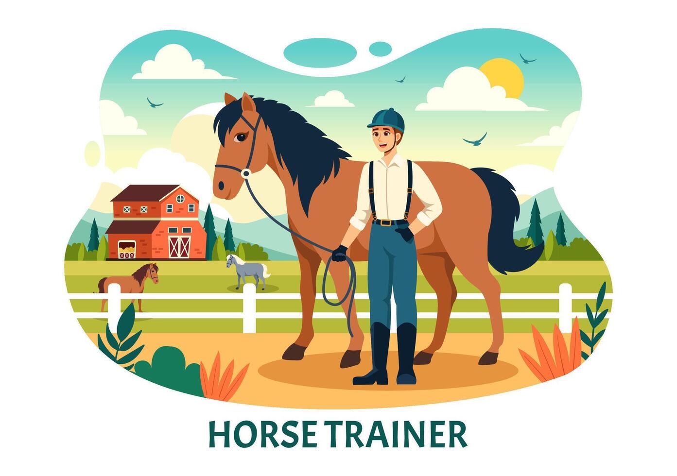 equestre esporte cavalo treinador vetor ilustração com treinamento, equitação lições e corrida cavalos dentro plano desenho animado fundo Projeto