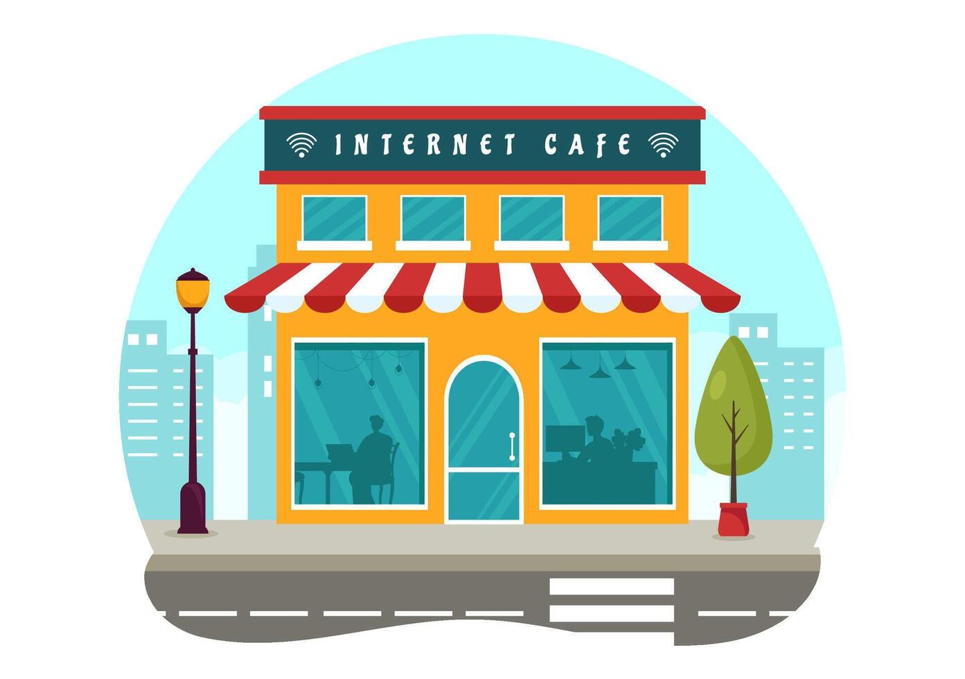 Internet cafeteria vetor ilustração com construção para jovem pessoas jogando jogos, local de trabalho usar uma computador portátil, falando e bebendo dentro plano fundo