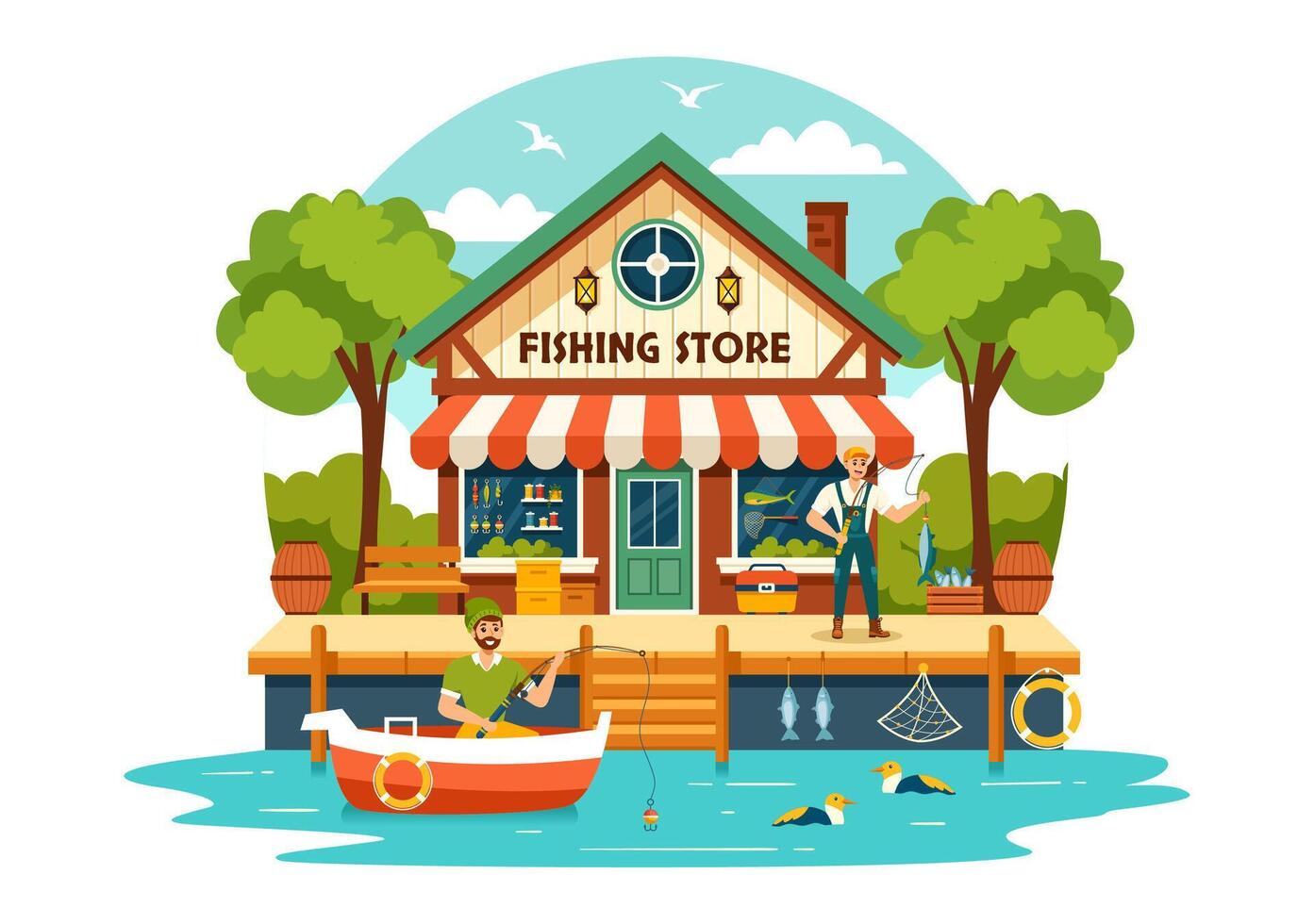 pescaria loja vetor ilustração com vendendo vários pesca equipamento, isca, peixe pegando acessórios ou Itens em plano desenho animado fundo