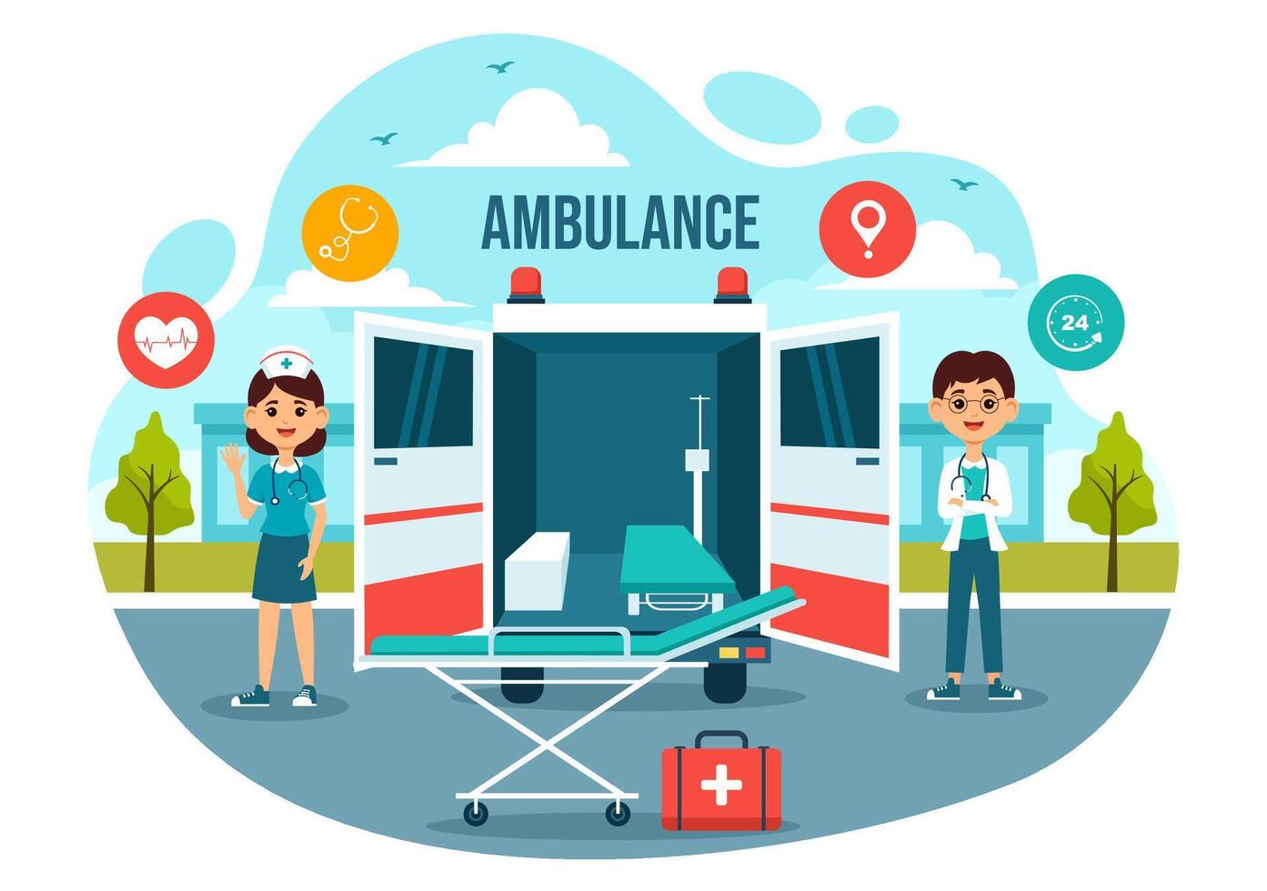 médico veículo ambulância carro ou emergência serviço vetor ilustração para escolher acima paciente a ferido dentro a acidente dentro plano desenho animado fundo