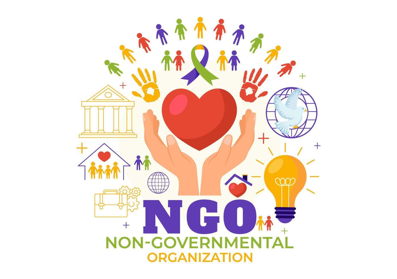 ngo ou não governamental organização vetor ilustração para servir específico social e político necessidades dentro plano desenho animado fundo