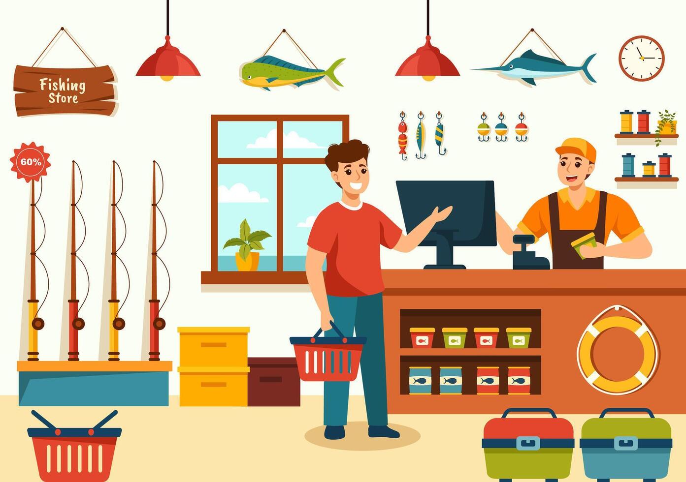 pescaria loja vetor ilustração com vendendo vários pesca equipamento, isca, peixe pegando acessórios ou Itens em plano desenho animado fundo