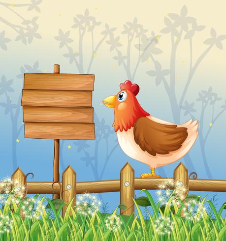 Uma galinha acima de uma cerca de madeira de frente para uma tabuleta de madeira vetor