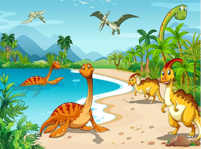 Dinossauros, vivendo, praia vetor