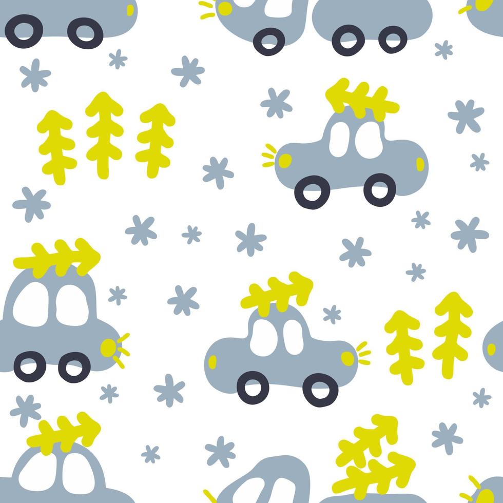 padrão de inverno sem costura de carros carregando árvores de Natal. vetor