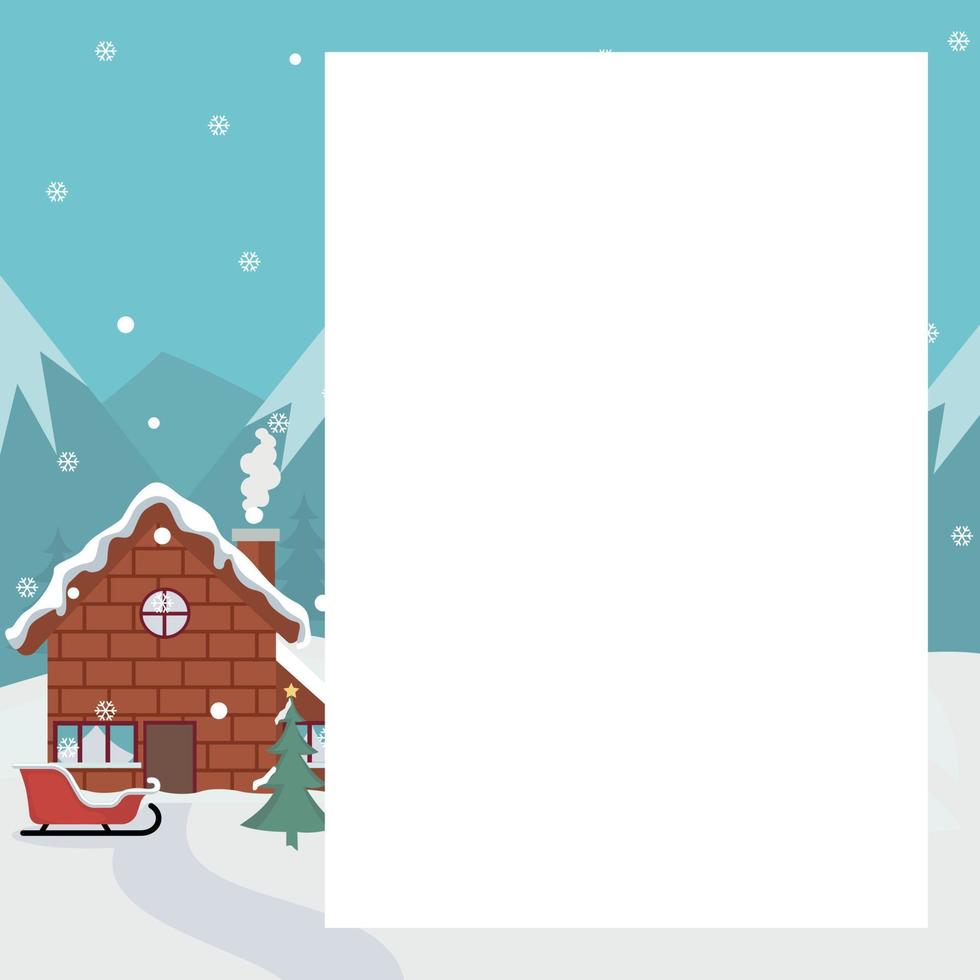 cartão de paisagem de natal com casa e trenó, com fundo branco para escrever vetor
