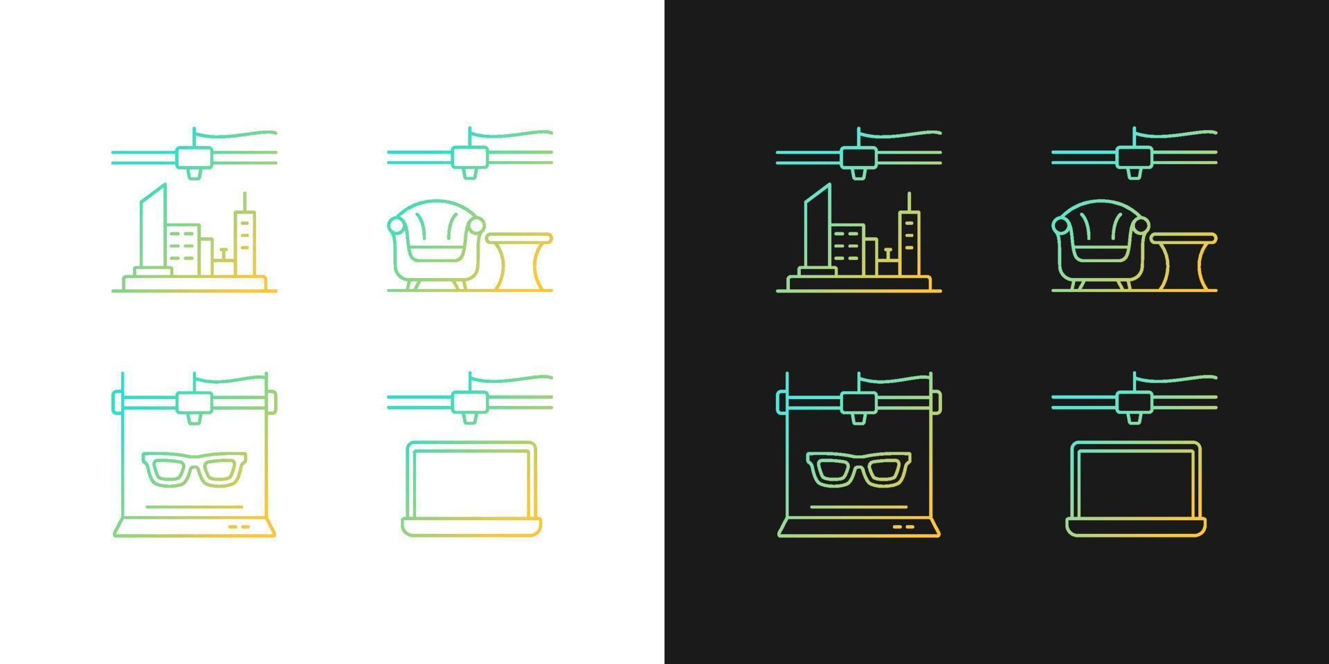 ícones de gradiente de produção de objetos tridimensionais definidos para o modo claro e escuro. Modelo 3D da cidade. feixe de símbolos de contorno de linha fina. coleção de ilustrações de contorno vetorial isolado em preto e branco vetor