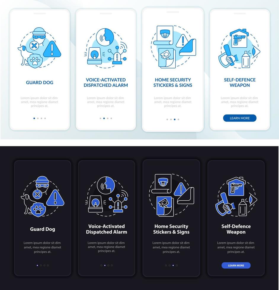 tela da página do aplicativo móvel de integração de prevenção de roubo. medidas de segurança passo a passo instruções gráficas de 4 etapas com conceitos. modelo de vetor ui, ux, gui com ilustrações lineares de modo noturno e diurno