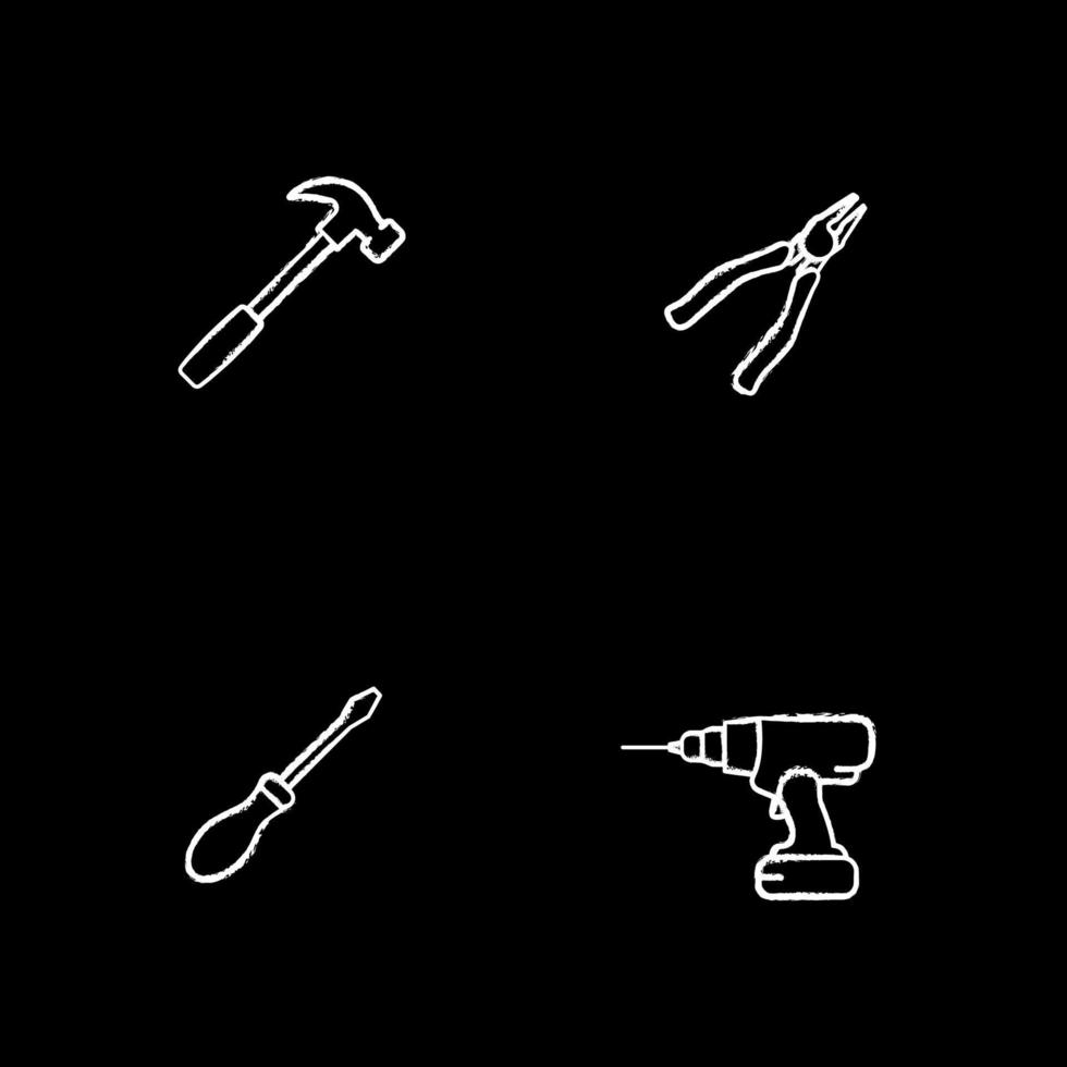 conjunto de ícones de giz de ferramentas de construção. martelo, pinças, chave de fenda, furadeira sem fio. ilustrações vetoriais isoladas em quadro-negro vetor