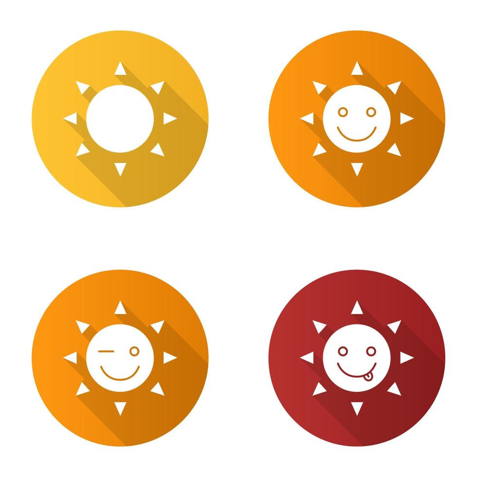 sol sorri design plano conjunto de ícones de glifo de sombra longa. bom humor. sorrindo, sorrisos de sol gostosos e piscando. ilustração da silhueta do vetor