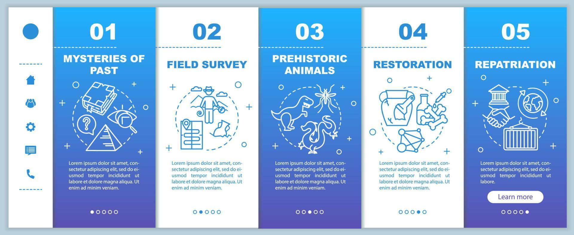 modelo de vetor de páginas da web móvel de integração de arqueologia. mistérios do passado. ideia de interface de site de smartphone responsivo com ilustrações lineares. telas de passo a passo da página da web. conceito de cor