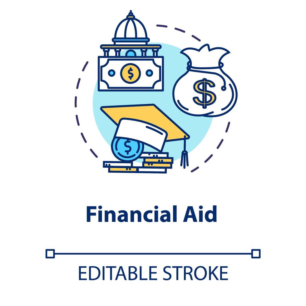 ícone do conceito de ajuda financeira. apoio ao aluno com dinheiro. custo da educação. poupança e financiamento. ilustração de linha fina de ideia de finanças. desenho de cor rgb de contorno isolado de vetor. curso editável vetor