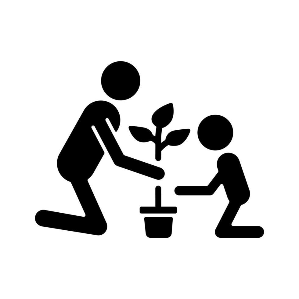 plantando flores com ícone de glifo negro de criança. experiência de jardinagem com crianças. tempo significativo de união familiar. plantar sementes. símbolo da silhueta no espaço em branco. ilustração isolada do vetor