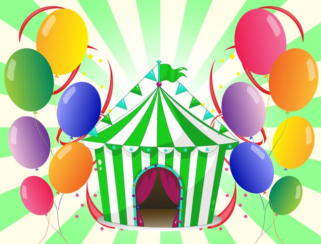 Uma tenda de circo verde no centro dos balões coloridos vetor