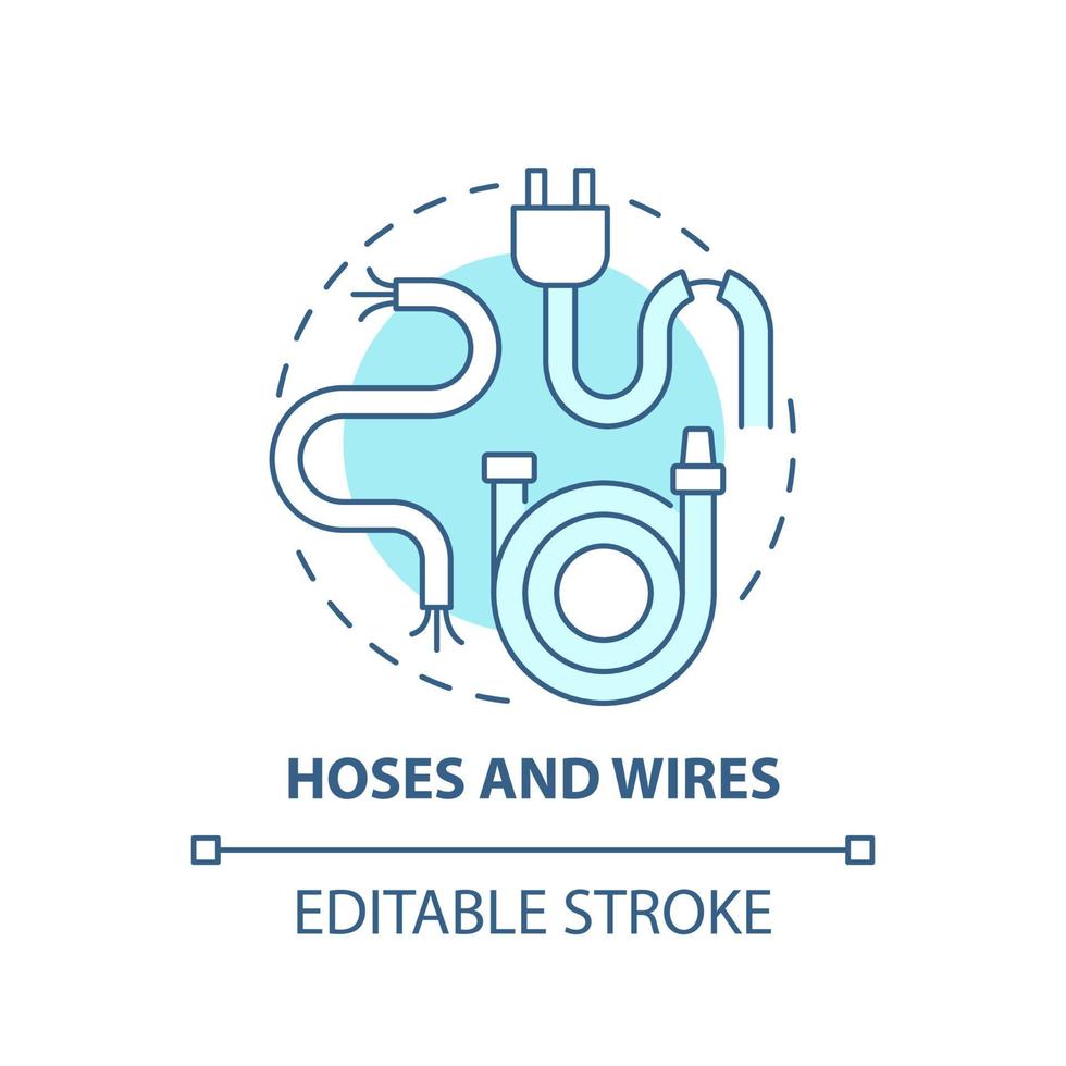 ícone do conceito azul de mangueiras e fios. coleta e descarte de resíduos ilustração de linha fina de ideia abstrata. mangueira de jardim e reciclagem de fios elétricos. desenho de cor de contorno isolado vetor. curso editável vetor