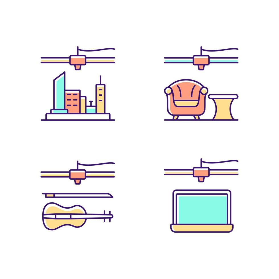 conjunto de ícones de cores rgb de produção de objetos tridimensionais. Modelo 3D da cidade. indústria de móveis. processo de fabricação de eletrônicos. ilustrações isoladas do vetor. coleção de desenhos de linhas simples preenchidos vetor