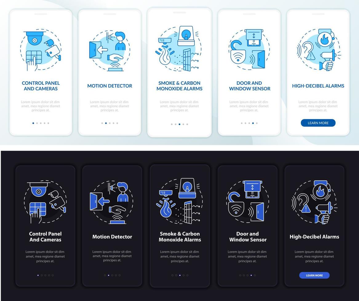 tela da página do aplicativo móvel de integração do sistema de segurança da propriedade. smart home walkthrough 5 etapas instruções gráficas com conceitos. modelo de vetor ui, ux, gui com ilustrações lineares de modo noturno e diurno