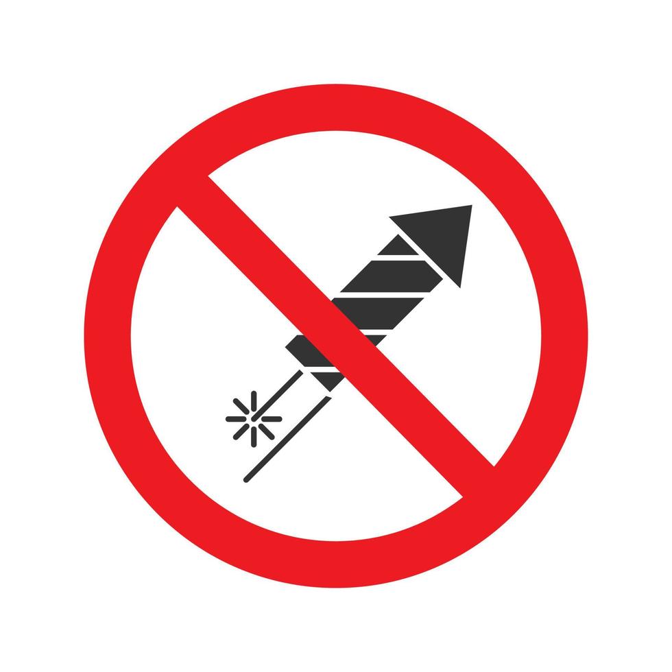 proibido sinal com ícone de glifo de foguete de fogos de artifício. nenhuma proibição de pirotecnia. Pare o símbolo da silhueta. espaço negativo. ilustração isolada do vetor