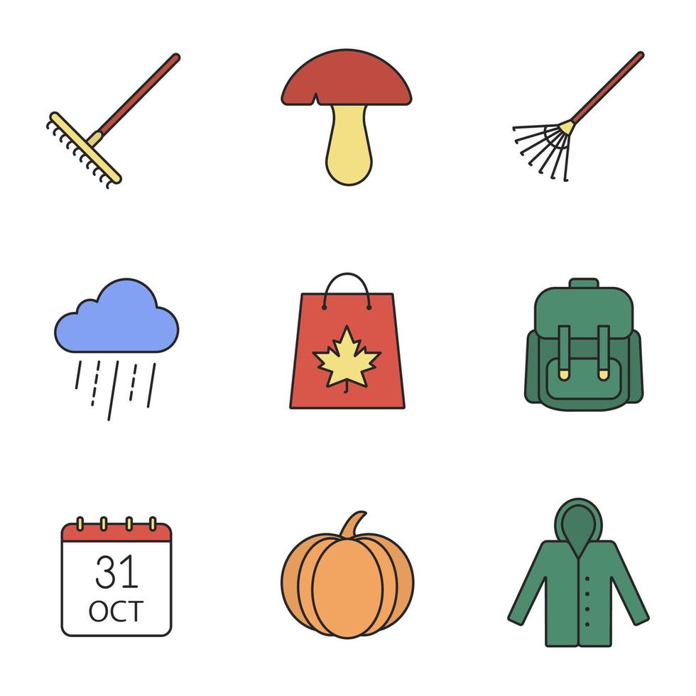 conjunto de ícones de cores da temporada de outono. ancinho, cogumelo, nuvem chuvosa, mochila, calendário de 31 de outubro, abóbora, capa de chuva, compras de outono. ilustrações vetoriais isoladas vetor