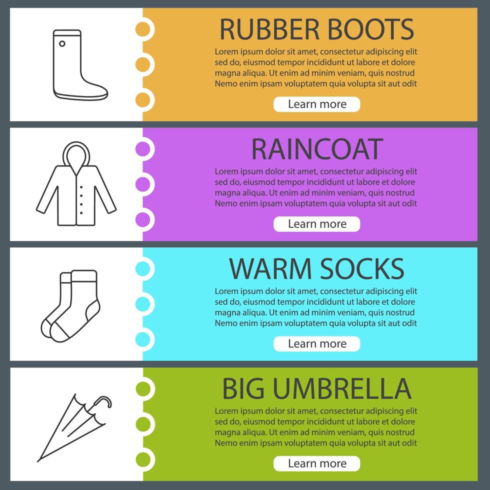 conjunto de modelos de banner de web de roupas de outono. gumboot, capa de chuva, meias quentes, guarda-chuva. itens de menu de cores do site com ícones lineares. conceitos de design de cabeçalhos de vetor