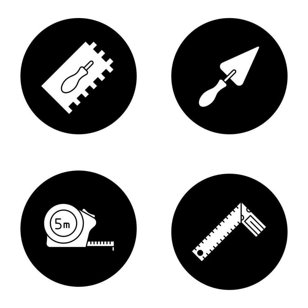 conjunto de ícones de glifo de ferramentas de construção. pá retangular entalhada, triangular, fita métrica, conjunto quadrado. Ilustrações vetoriais de silhuetas brancas em círculos pretos vetor