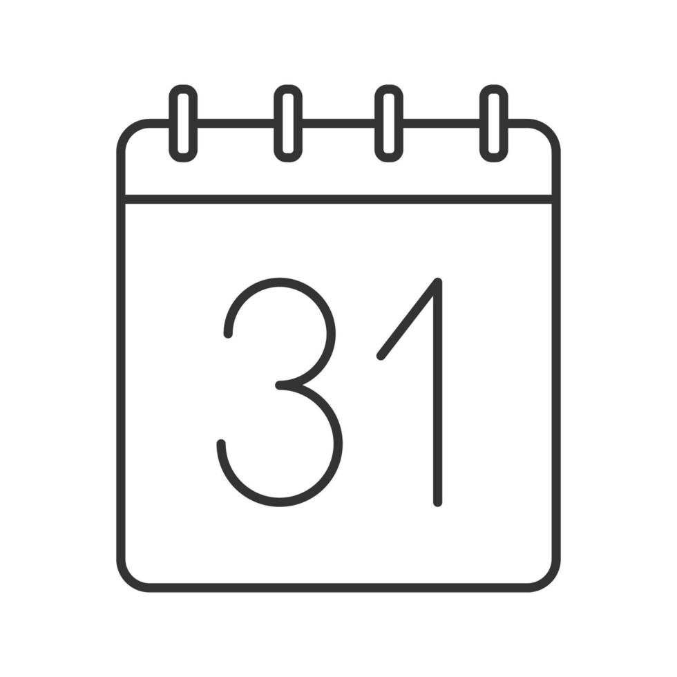 trigésimo primeiro dia do ícone linear do mês. calendário de parede com 31 letreiros. ilustração de linha fina. símbolo de contorno de data. desenho de contorno isolado de vetor, acontecendo vetor