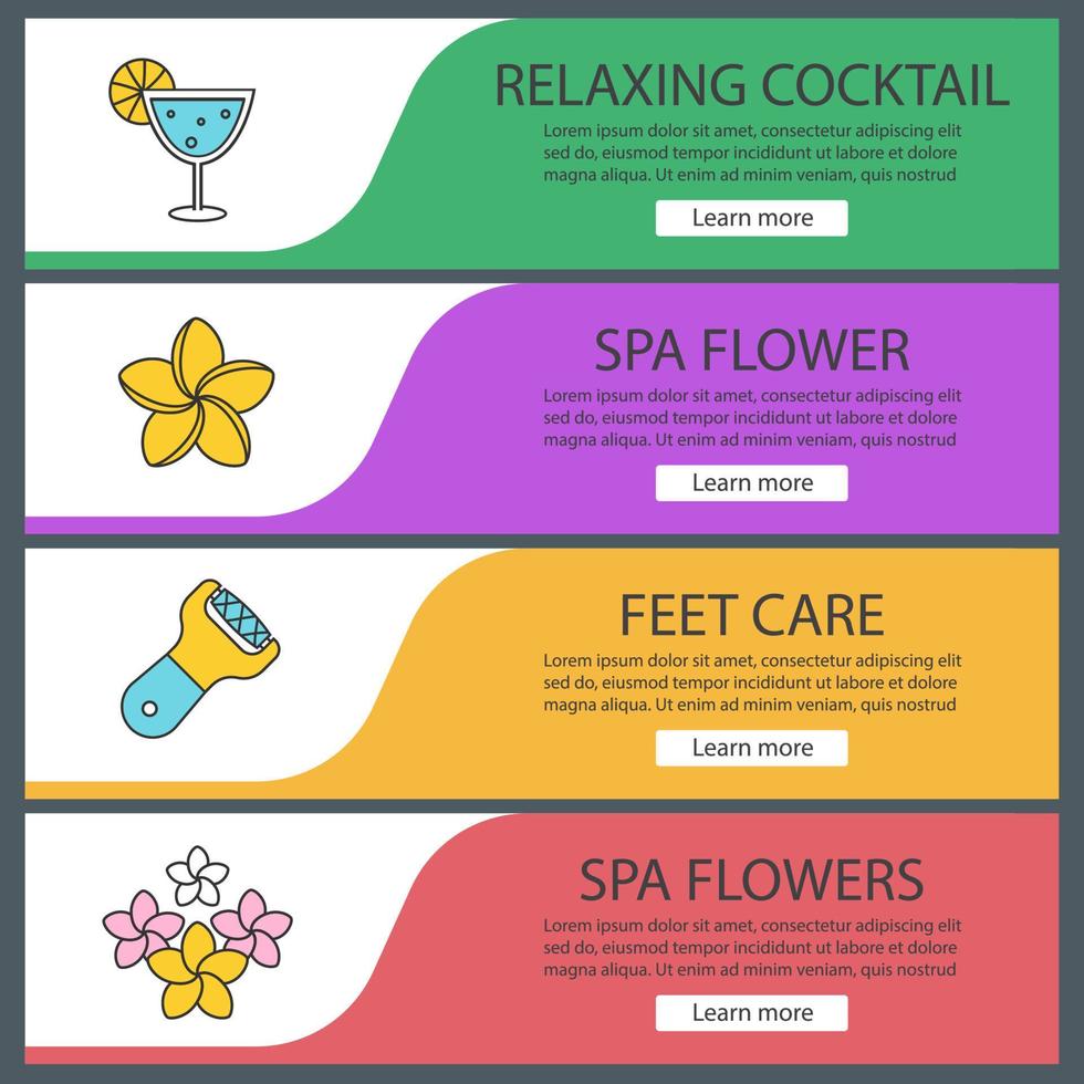 conjunto de modelos de banner da web do salão de beleza do spa. coquetel margarita, flores de plumeria, lixa para pés. itens de menu de cores do site. conceitos de design de cabeçalhos de vetor