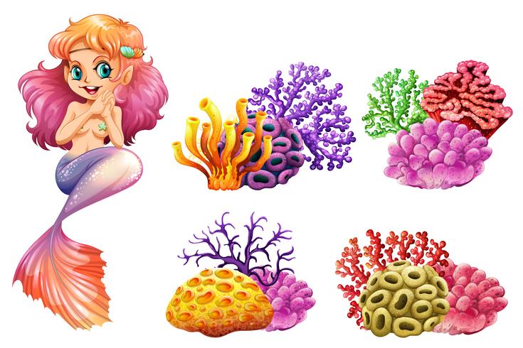 Sereia bonita e recifes de corais coloridos vetor