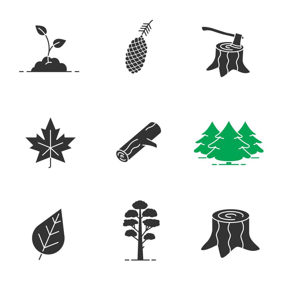 conjunto de ícones de glifo florestal. símbolos de silhueta. pinha e árvore, broto crescente, desmatamento, tocos, floresta de abetos, folha de bordo, lenha. ilustração isolada do vetor