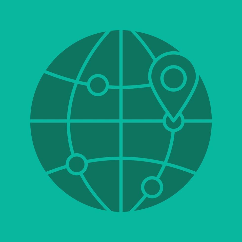 ícone de cor de glifo de destinos de voo. símbolo de silhueta de locais de viagens em todo o mundo. modelo do globo com pontos de rota e localização do mapa. espaço negativo. ilustração isolada do vetor