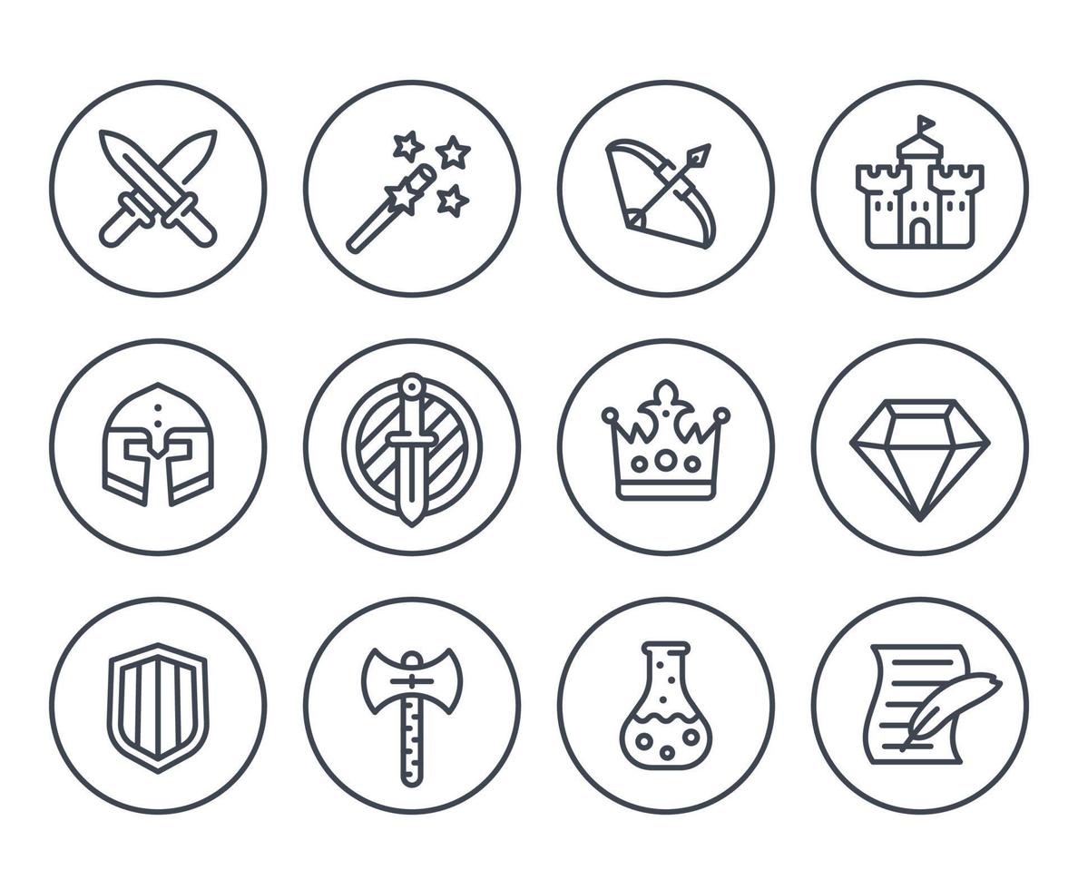 ícones de linha de jogo em branco, rpg, fantasia, espadas, varinha mágica, arco, castelo, capacete, armadura, poção vetor