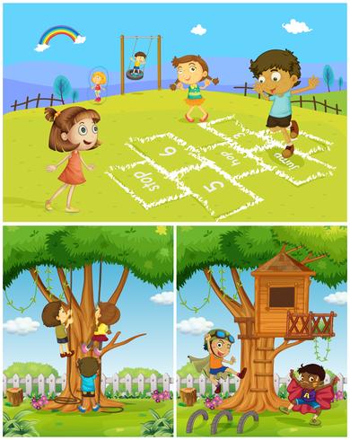 Três cenas com crianças brincando no parque vetor