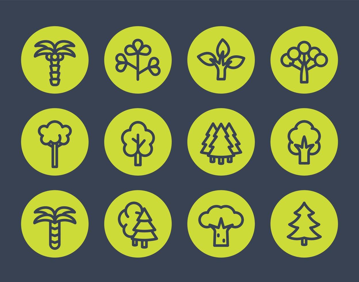 conjunto de ícones de linha de árvores vetor