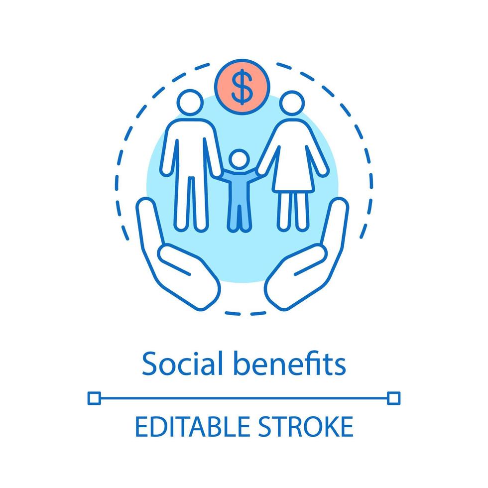 ícone do conceito de benefícios sociais. ilustração de linha fina de ideia de assistência financeira de baixa renda. bem-estar da família. rede de segurança social. desenho de contorno isolado do vetor. curso editável vetor