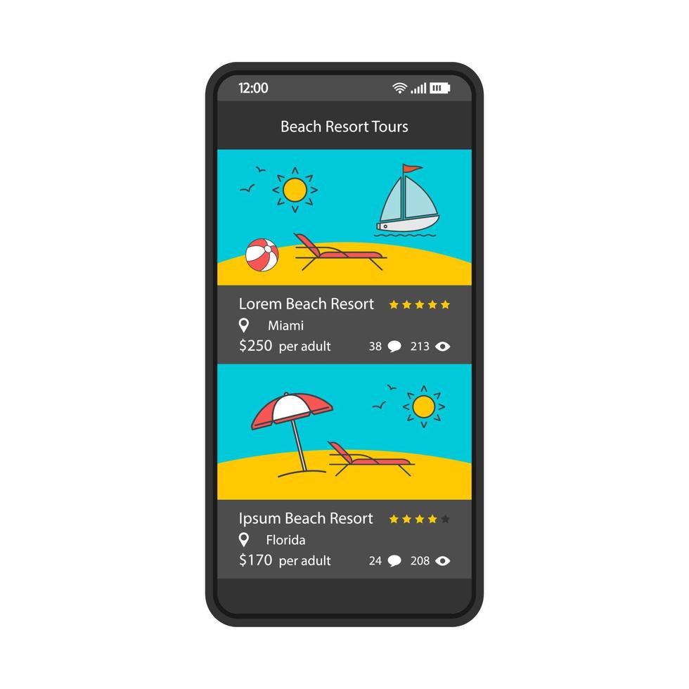 modelo de vetor de interface de smartphone de app de turismo de resort de praia. layout de design preto da página móvel. tela de reserva online. interface do usuário plana para aplicação. pesquisa de hotéis. site da agência de viagens. display do telefone