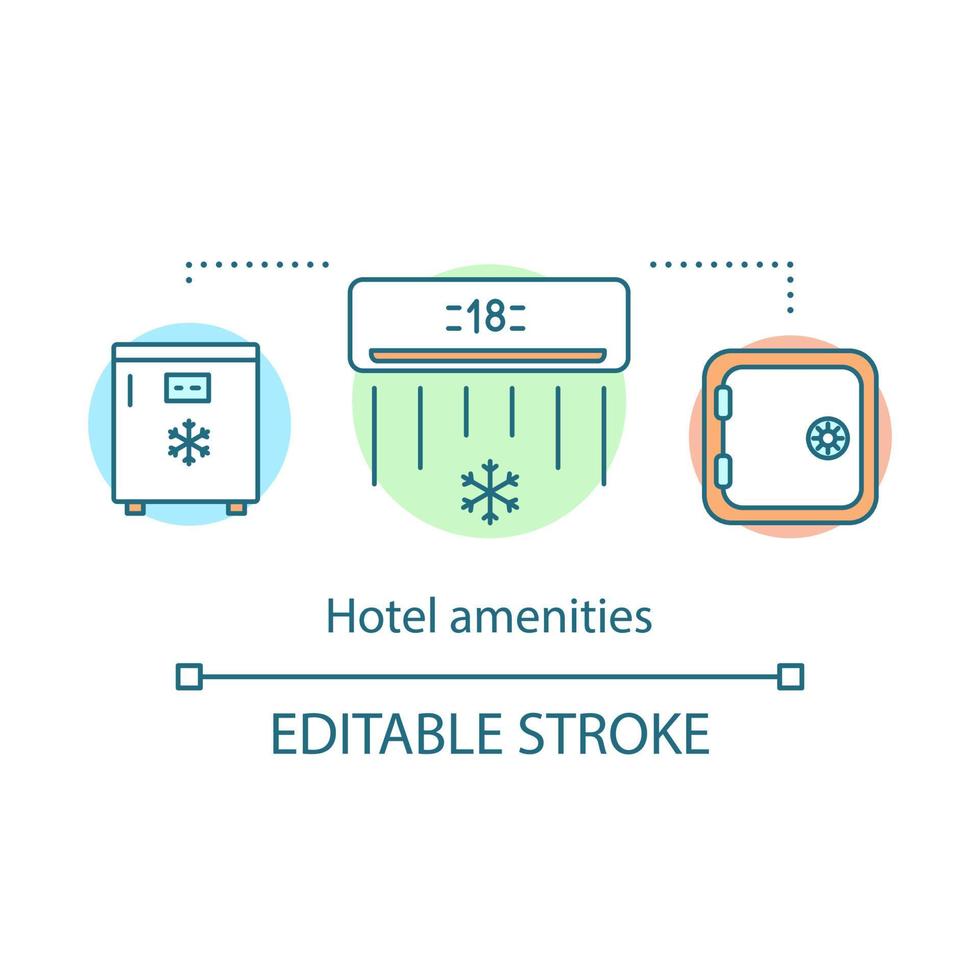 ícone do conceito de comodidades do hotel. frigobar, ar condicionado, cofre. serviço de quarto. o hotel apresenta a ilustração de linhas finas da ideia. desenho de contorno isolado do vetor. curso editável vetor