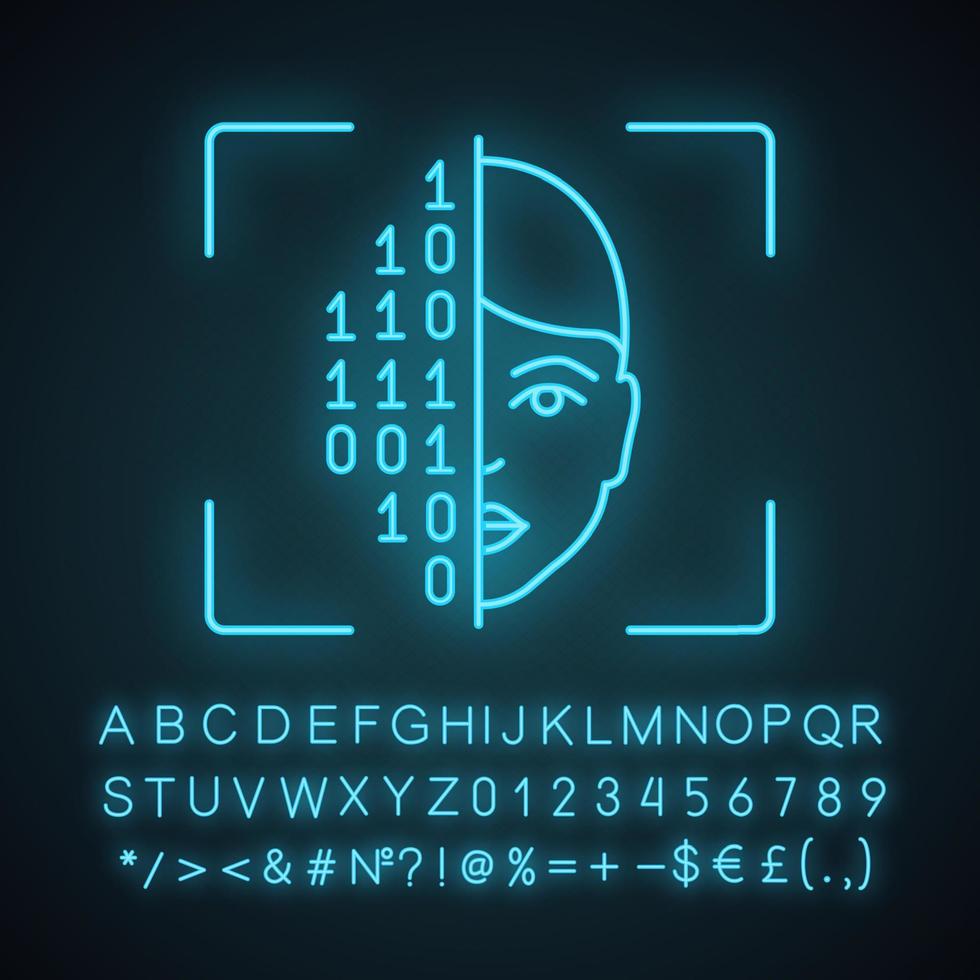 ícone de luz de néon de procedimento de digitalização de rosto. reconhecimento facial. autenticação de identidade. Código binário. software de digitalização de identificação de rosto. sinal brilhante com alfabeto, números e símbolos. ilustração isolada do vetor