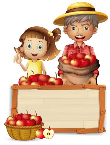 Agricultor, com, maçã, ligado, madeira, baord vetor