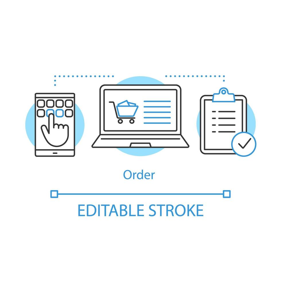 ícone do conceito de pedido. lidar fazendo ilustração de linha fina de ideia. compras na loja online. comércio eletrônico. compra digital. gerenciamento de vendas. desenho de contorno isolado do vetor. curso editável vetor
