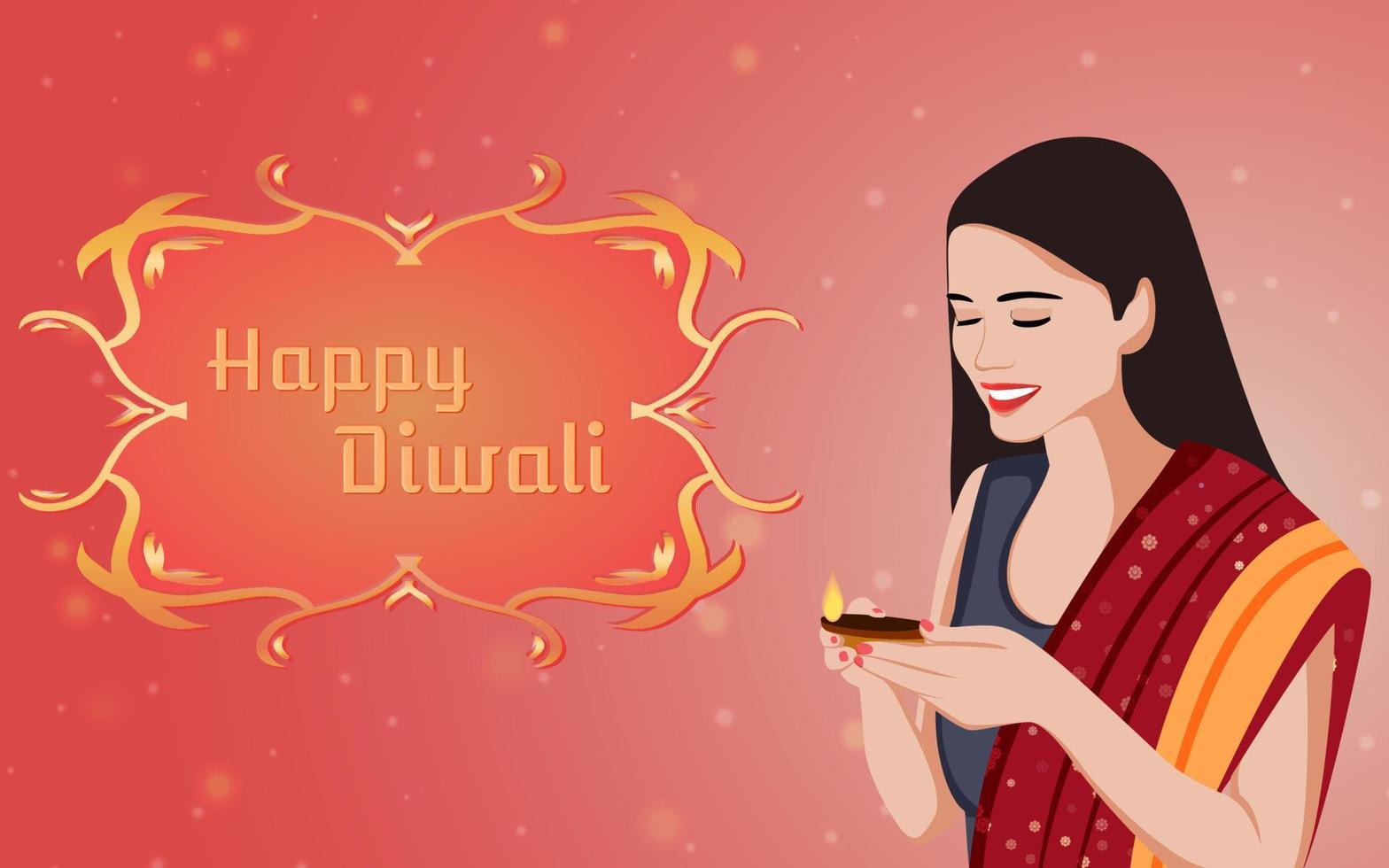 linda garota indiana com diya - lâmpada a óleo, ilustração de diwali feliz para banner de vendas e plano de fundo de promoção de mídia social. com feliz tipografia de Diwali. vetor