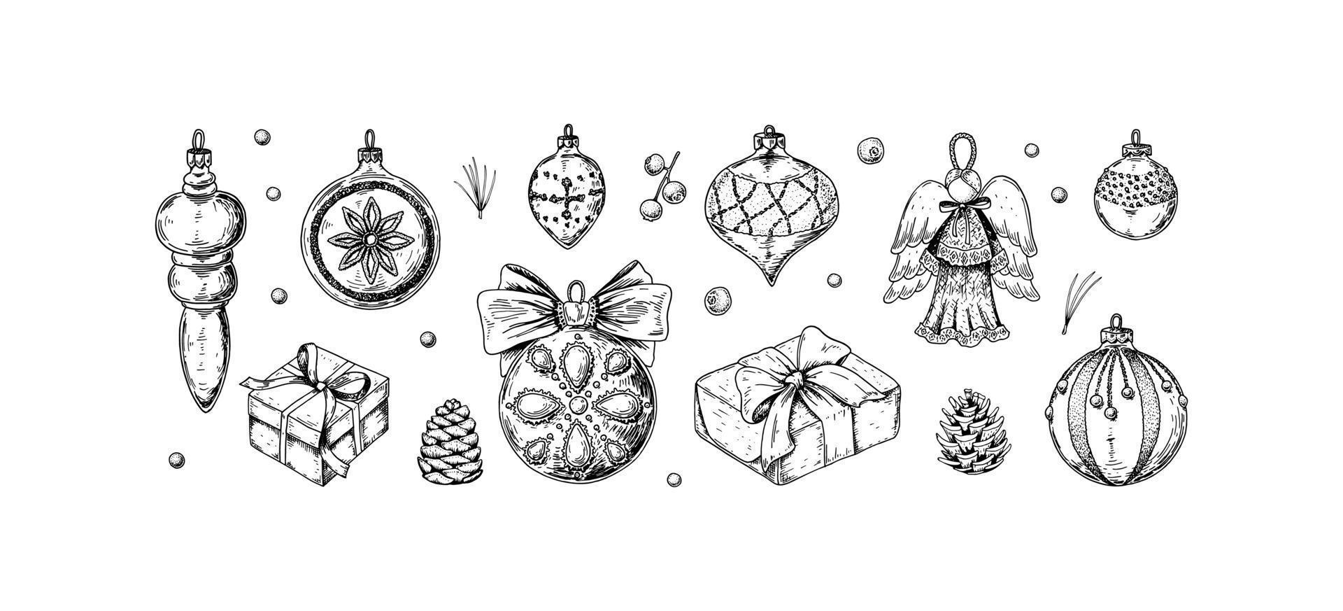 conjunto de decorações de Natal de mão desenhada. brinquedos antigos da árvore de natal. ilustração vetorial no estilo de desenho. vetor