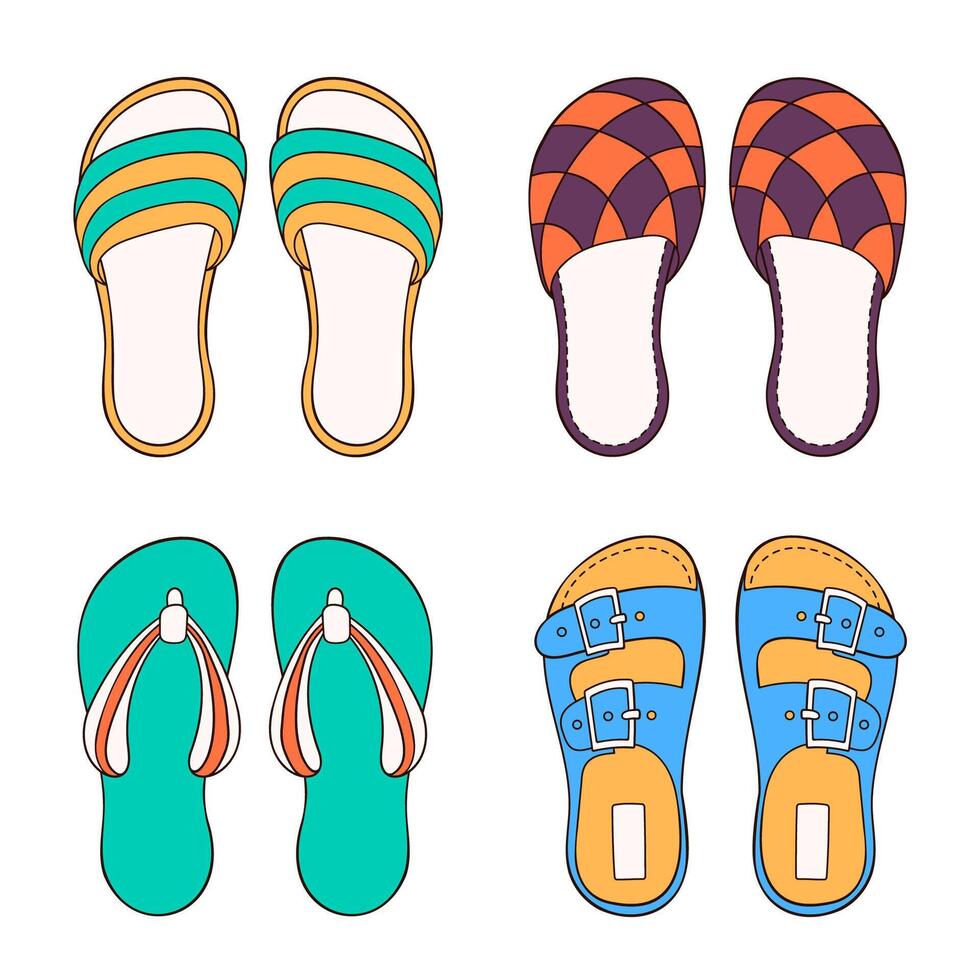 masculino sapatos coleção para verão e casa dentro desenho animado estilo. plano, esboço casual calçados para cara. vetor ilustração isolado em uma branco fundo.